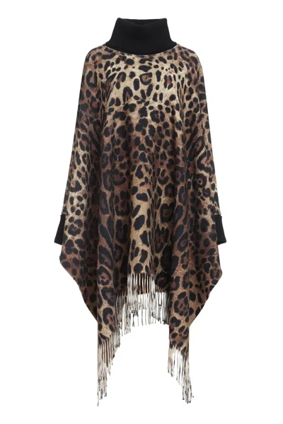 Dolce & Gabbana Leopard Print Wool Cashmere Fringed Poncho