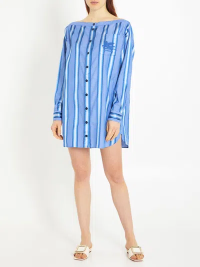 Etro Off-the-shoulder Embroidered Striped Cotton And Silk-blend Mini Shirt Dress