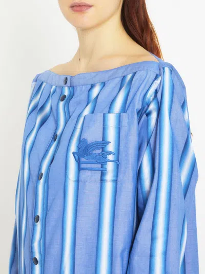 Etro Off-the-shoulder Embroidered Striped Cotton And Silk-blend Mini Shirt Dress