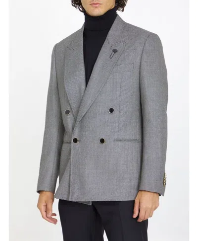 Lardini Double-breasted Jacket In Wool Silk And Linen