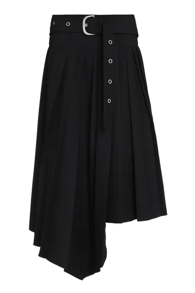 Off-white Pleated Midi Skirt In Tech Drill Fabric In Black