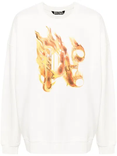 Palm Angels White Crewneck Sweatshirt With Burning Logo Print In Cotton Man