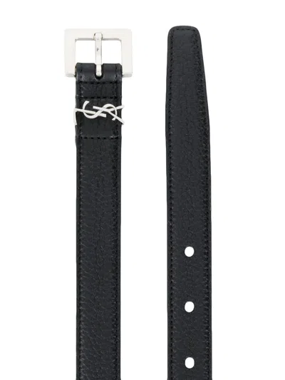 Saint Laurent Grained Leather Cassandre Thin Belt With Square Buckle Accessories