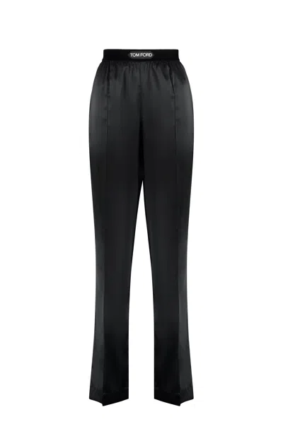 Tom Ford Black Loose Pants With Logo In Stretch Silk Woman