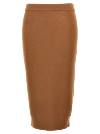 Saint Laurent Ribbed Wool Midi Skirt With Elastic Waistband In Brown