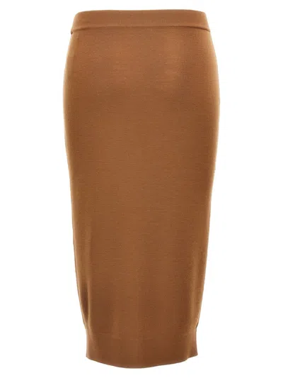 Saint Laurent Ribbed Wool Midi Skirt With Elastic Waistband In Brown