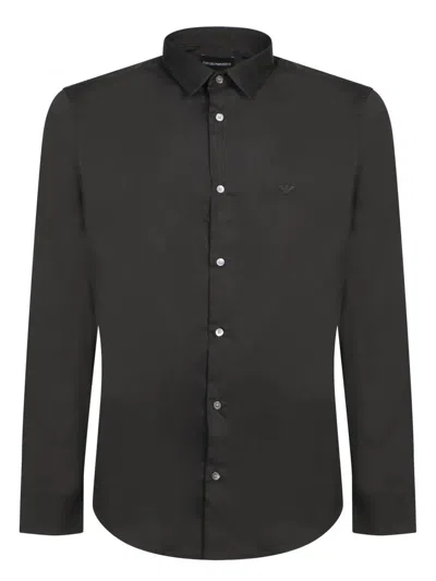 Emporio Armani Cotton Shirt With Button-down Collar And Curved Hem In Black