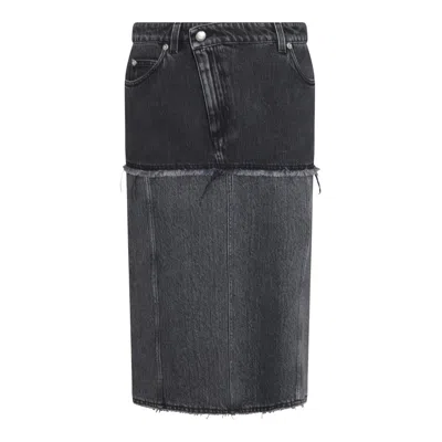 Alexander Mcqueen Mcqueen Two-tone Low Rise Denim Midi Skirt In Black Stonewashed