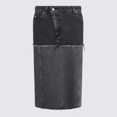 Alexander Mcqueen Mcqueen Two-tone Low Rise Denim Midi Skirt In Black Stonewashed