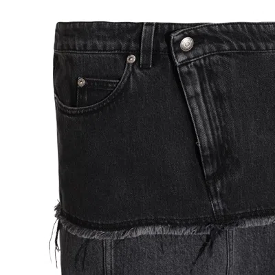 Alexander Mcqueen Mcqueen Two-tone Low Rise Denim Midi Skirt In Black Stonewashed
