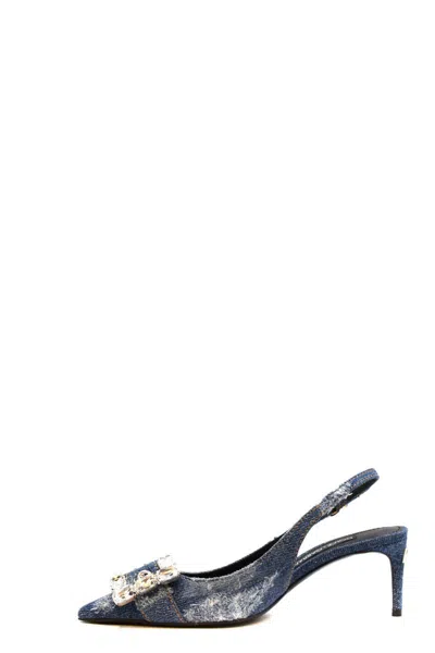 Dolce & Gabbana Patchwork Denim Slingback With Rhinestone Buckle Shoes In Navy