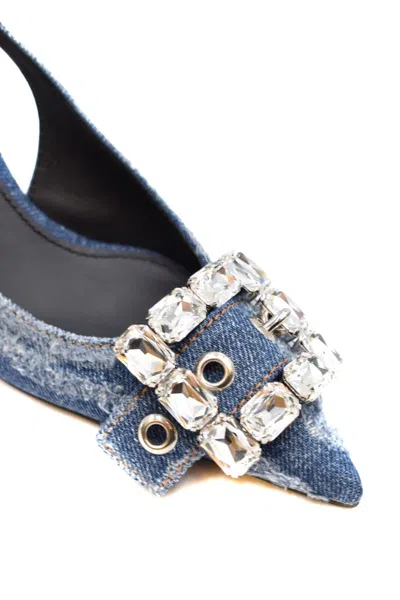 Dolce & Gabbana Patchwork Denim Slingback With Rhinestone Buckle Shoes In Navy
