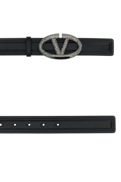 Valentino Leather Belt With Adjustable Length And Embellished Buckle In Black