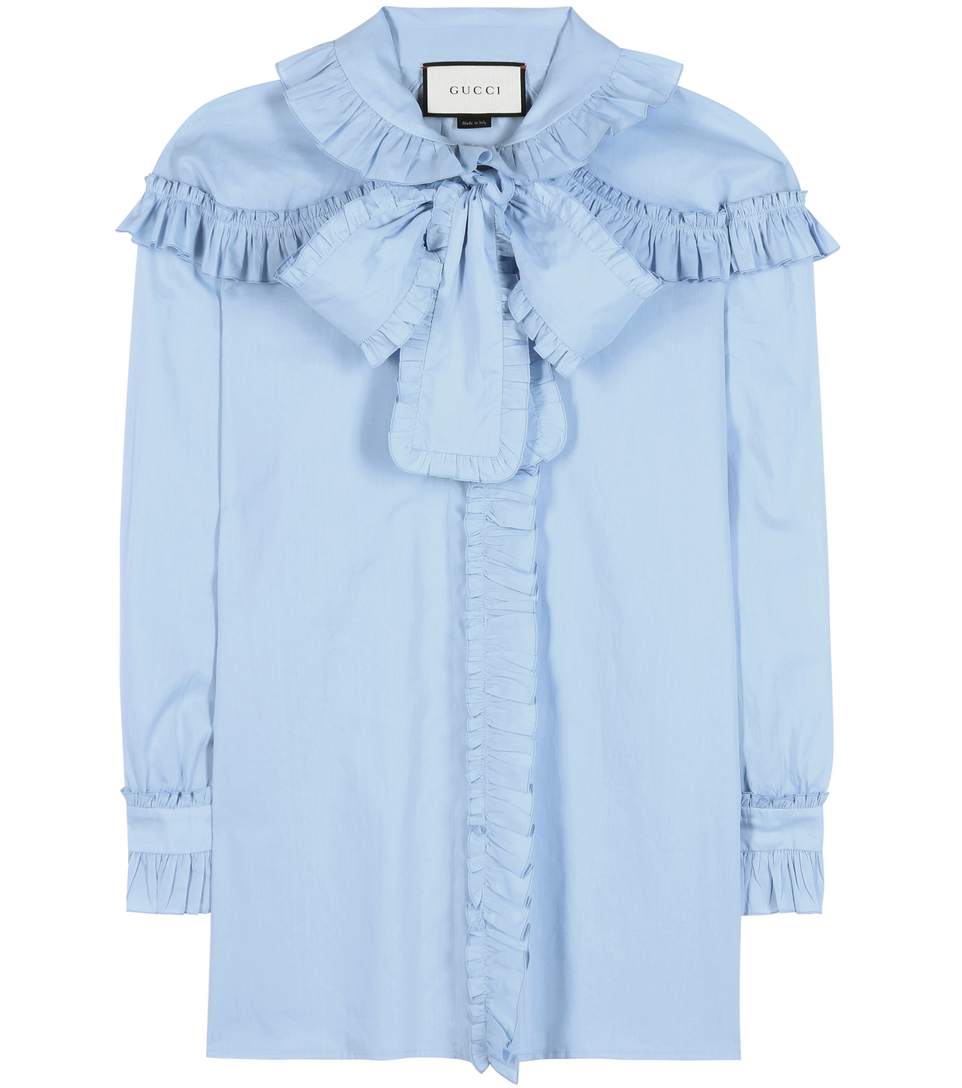 Gucci Ruffled Cotton Blouse In Blue 