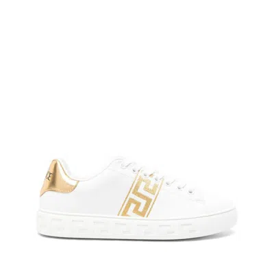 Versace Leather Sneakers Greca Embroidered Detail Gold Accents In White