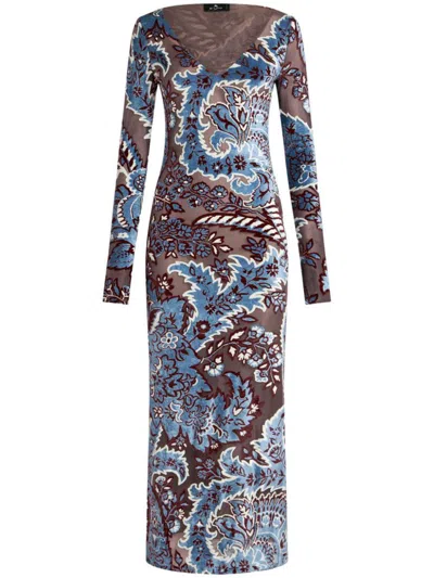 Etro Blue Long Dress With All-over Paisley Motiv In Viscose Blend In Multicolor