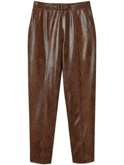 Twinset Snake-effect Cropped Trousers In Coffee/black