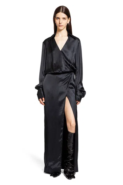 Attico Black Long Sleeve Midi Dress With Side Slit In Black