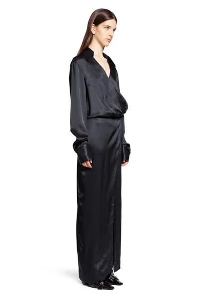 Attico Black Long Sleeve Midi Dress With Side Slit In Black