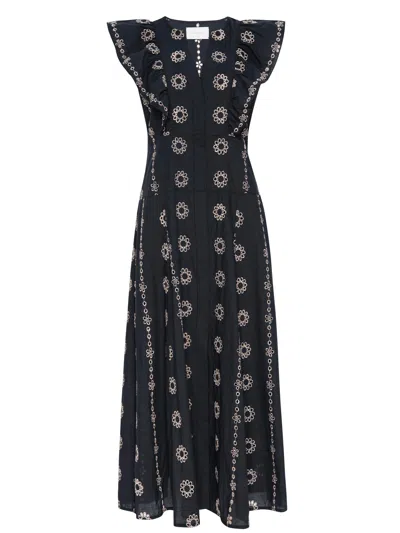 Brochu Walker Aurora Eyelet-embroidered Cotton Midi Dress In Black/beige