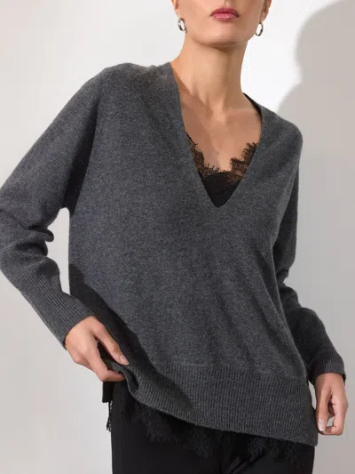 Brochu Walker The Lace Vee Looker Pullover In Dark Charcoal Melange With Black Lace