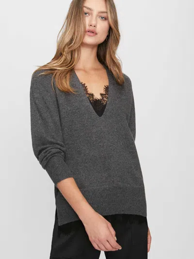Brochu Walker The Lace Vee Looker Pullover In Dark Charcoal Melange With Black Lace