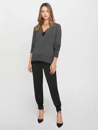 Brochu Walker The Lace Vee Looker Pullover In Dark Charcoal Melange With Black Lace
