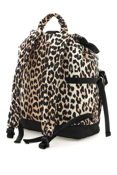 Ganni Leopard Printed Drawstring Backpack In Beige