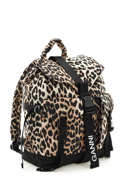 Ganni Leopard Printed Drawstring Backpack In Beige