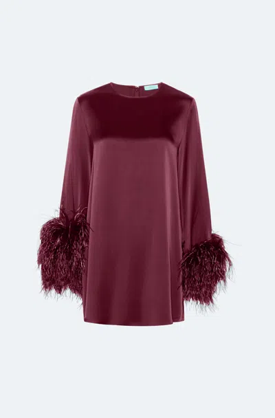 Lapointe Satin Shift Dress With Feathers In Berry