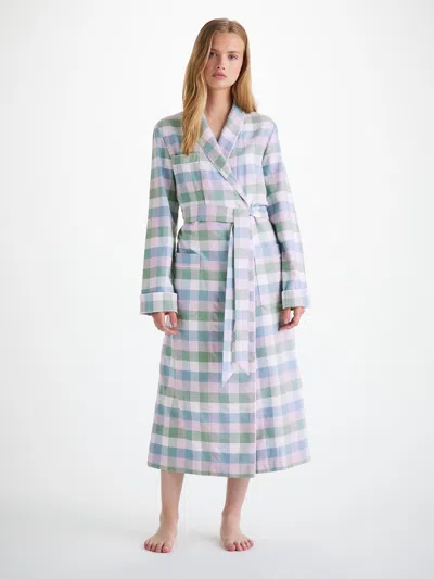 Derek Rose Women's Long Dressing Gown Kelburn 45 Brushed Cotton Green