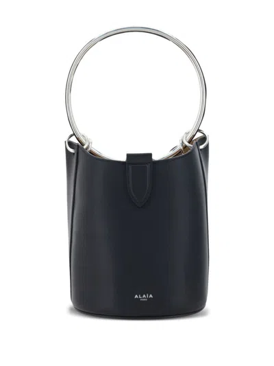 Shop Alaïa Alaia Maison  Bag, Ring Bucket Medium Model In Black Calf Leather. Metal Ring Handle. Magneti