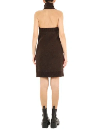 Bottega Veneta Brown One Shoulder Dress In Shetland Wool With Button And Tassel Detail