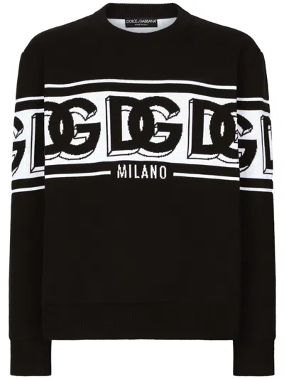 Dolce & Gabbana Black Crewneck Sweater With Dg Motif In Wool Blend Man