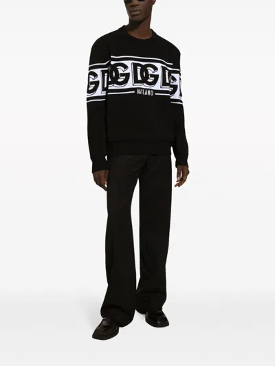 Dolce & Gabbana Black Crewneck Sweater With Dg Motif In Wool Blend Man