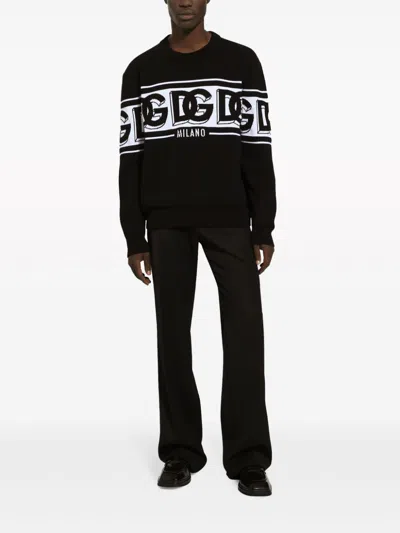 Dolce & Gabbana Black Crewneck Sweater With Dg Motif In Wool Blend Man