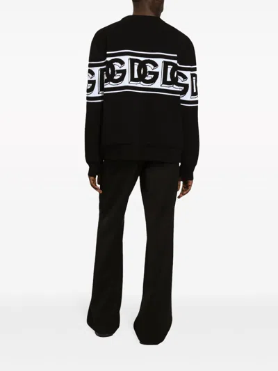 Dolce & Gabbana Black Crewneck Sweater With Dg Motif In Wool Blend Man