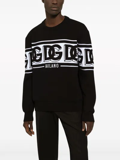 Dolce & Gabbana Black Crewneck Sweater With Dg Motif In Wool Blend Man