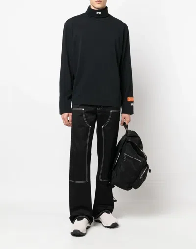 Heron Preston Black Turtleneck Pullover With Contrasting Logo Embroidery In Cotton Man