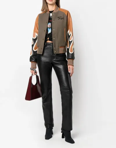 Palm Angels Burning Flames Leather Varsity Jacket