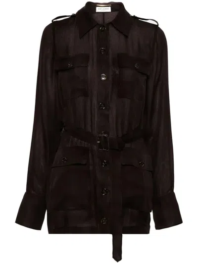 Saint Laurent Women Biologic Silk Dress With Belt At Waist