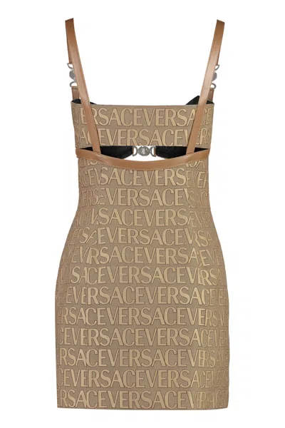 Versace Embellished Leather-trimmed Cutout Canvas-jacquard Mini Dress