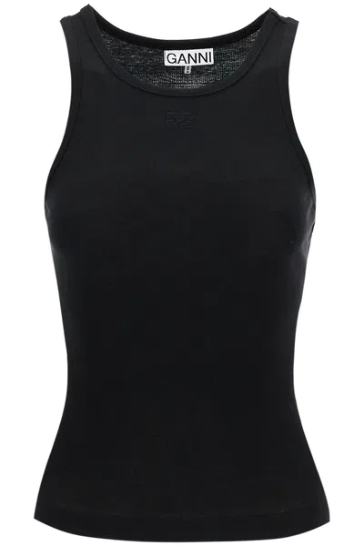 Ganni 'tank Top With Rhinestone Logo In Black
