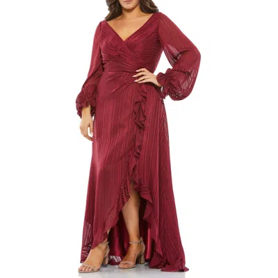 Mac Duggal Metallic Stripe Long Sleeve Wrap Front Gown In White
