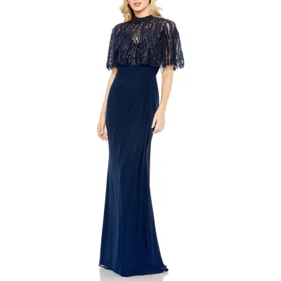 Mac Duggal Sleeveless Gown With Embellished Cape In Blue