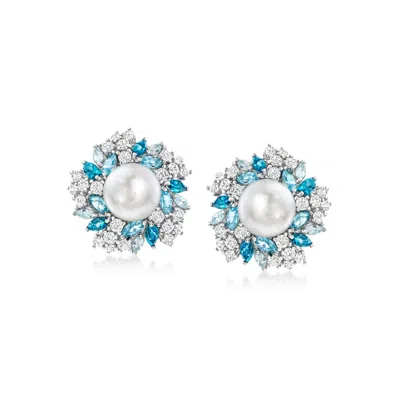 Ross-simons 8.5-9mm Cultured Pearl And Tonal Blue And White Topaz Earrings In Sterling Silver In White