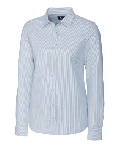 Cutter & Buck Stretch Oxford Stripe Womens Long Sleeve Dress Shirt In Blue