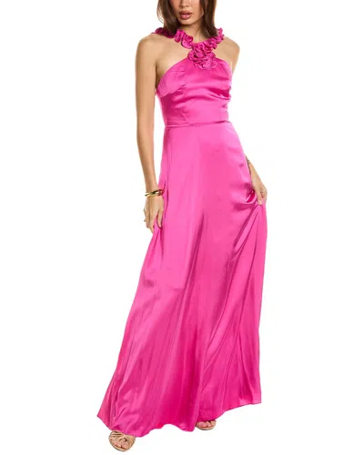 Amur Priyanka Rosette Crepe De Chine Halter Gown In Pink