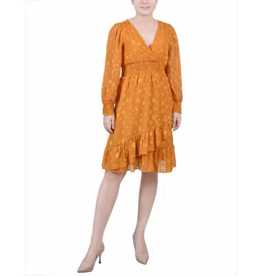 Ny Collection Petite Long Sleeve Smocked Waist Dress In Multi