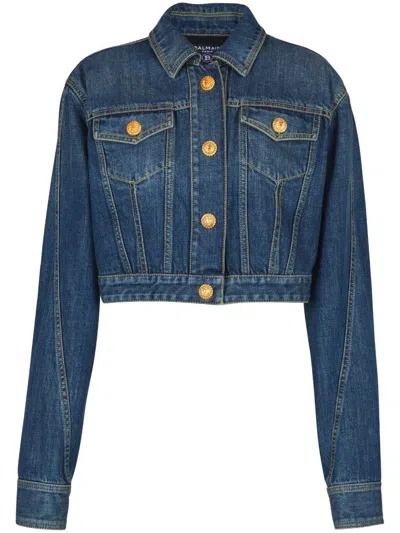 Balmain Cropped Faded Denim Jacket In Blue